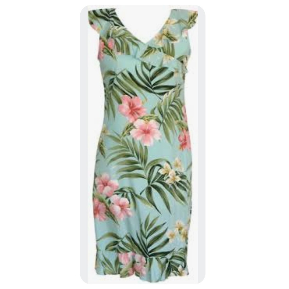 Puanani RJC Hawaiian Shift Dress Sz S Pale Hibiscus Orchid Ruffle Neck Aloha USA